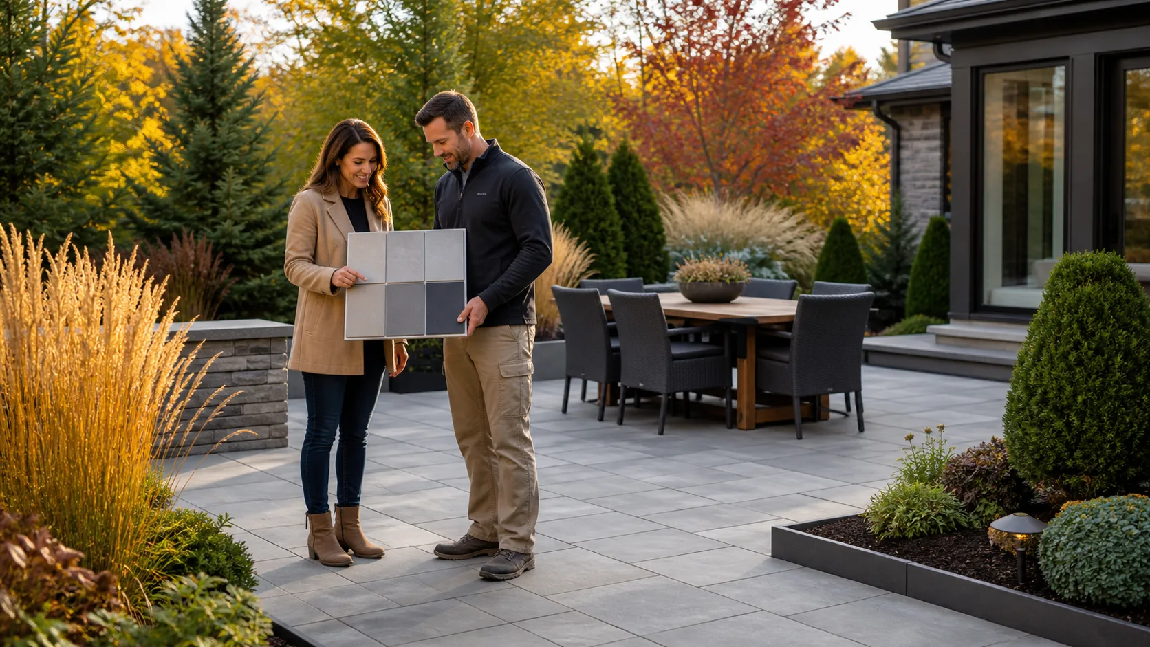 Season-Smart Patio Landscape Design with Concrete Pavers